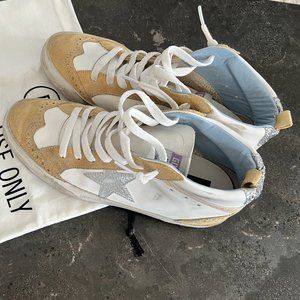 Golden Goose Mid Star with silver star and cream snake-print leather flash